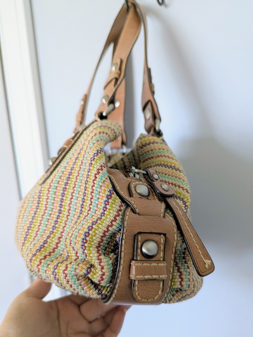 Woven Multi-Color Stripe Shoulder Bag with Tan Trim - Picture 3 of 8